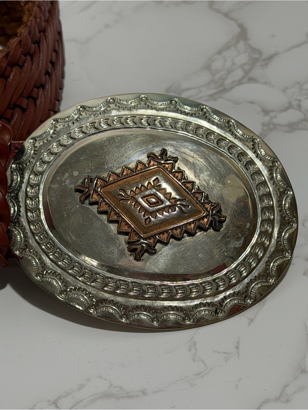 Vintage Woven Brown Leather Belt with Decorative Silver-Tone Buckle - M - Picture 5 of 8